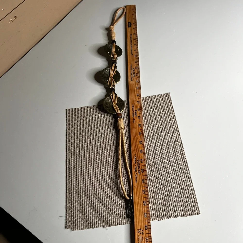 Vintage Boho Braided Cord Belt Tan Wood Bead Medallion Hook Closure 29.5 inch